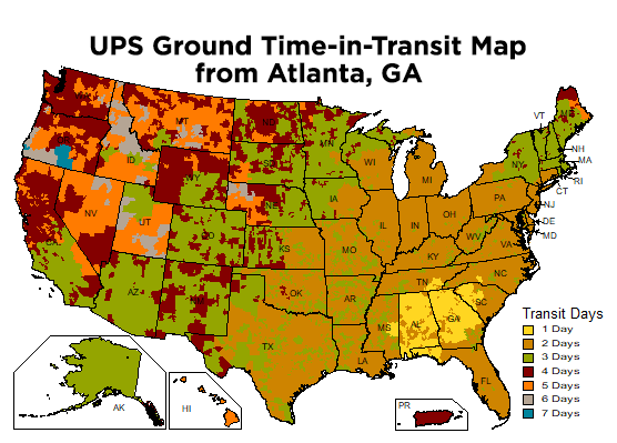 Map of US showing outbound delivery times when shipping from Atlanta, GA.