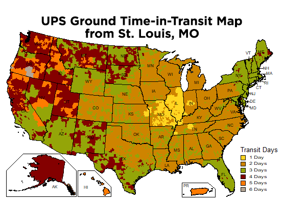 Map of US showing outbound delivery times when shipping from St. Louis, MO.
